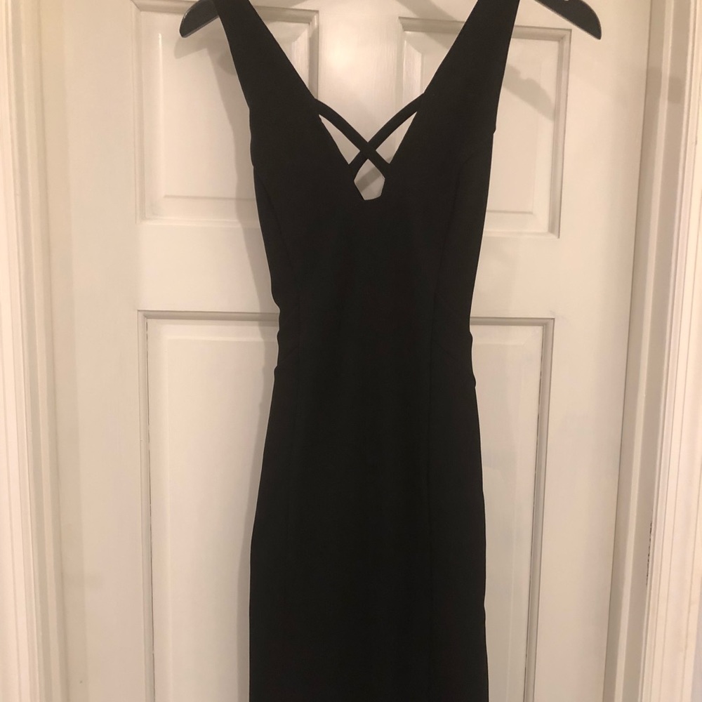 BEBE Black Midi Bodycon Dress Cross Back Cutout S
